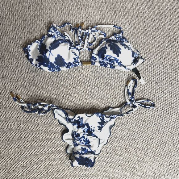 Paula Hermanny Swimsuit Set Cheeky Halter Top Padded White and Blue XS /L - Picture 1 of 16